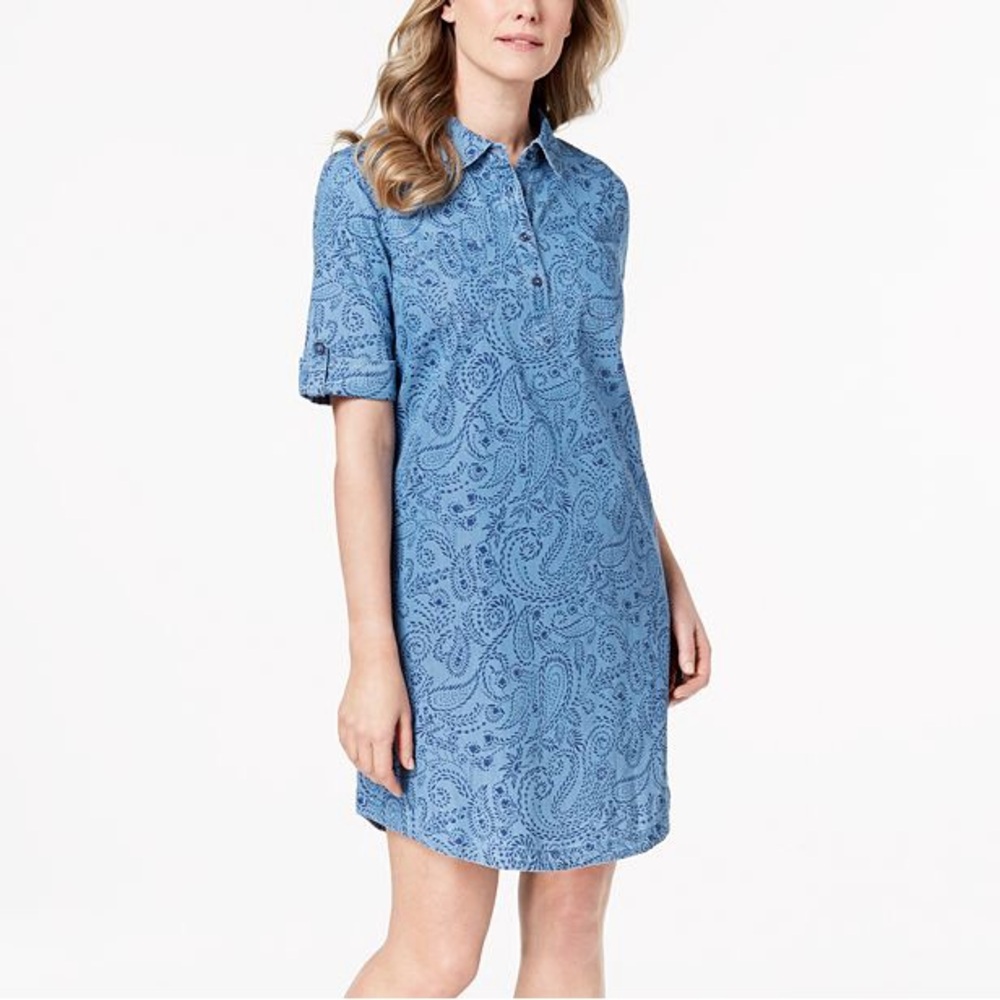 Karen Scott Cotton Chambray Botanical Dress, M